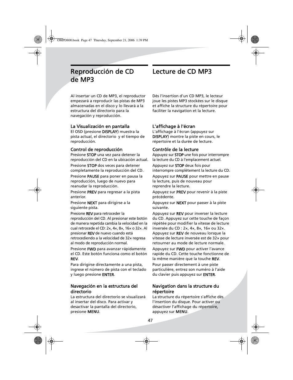 Lecture de cd mp3, Reproducción de cd de mp3 | SpectronIQ PD-1100 User Manual | Page 59 / 92
