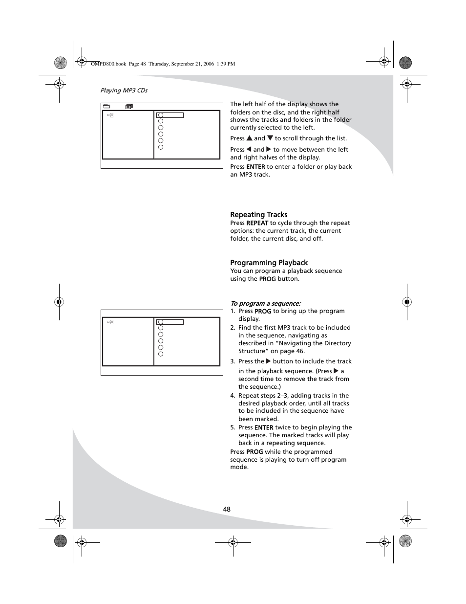Repeating tracks programming playback, Repeating tracks, Programming playback | Playing mp3 cds | SpectronIQ PD-1100 User Manual | Page 60 / 92