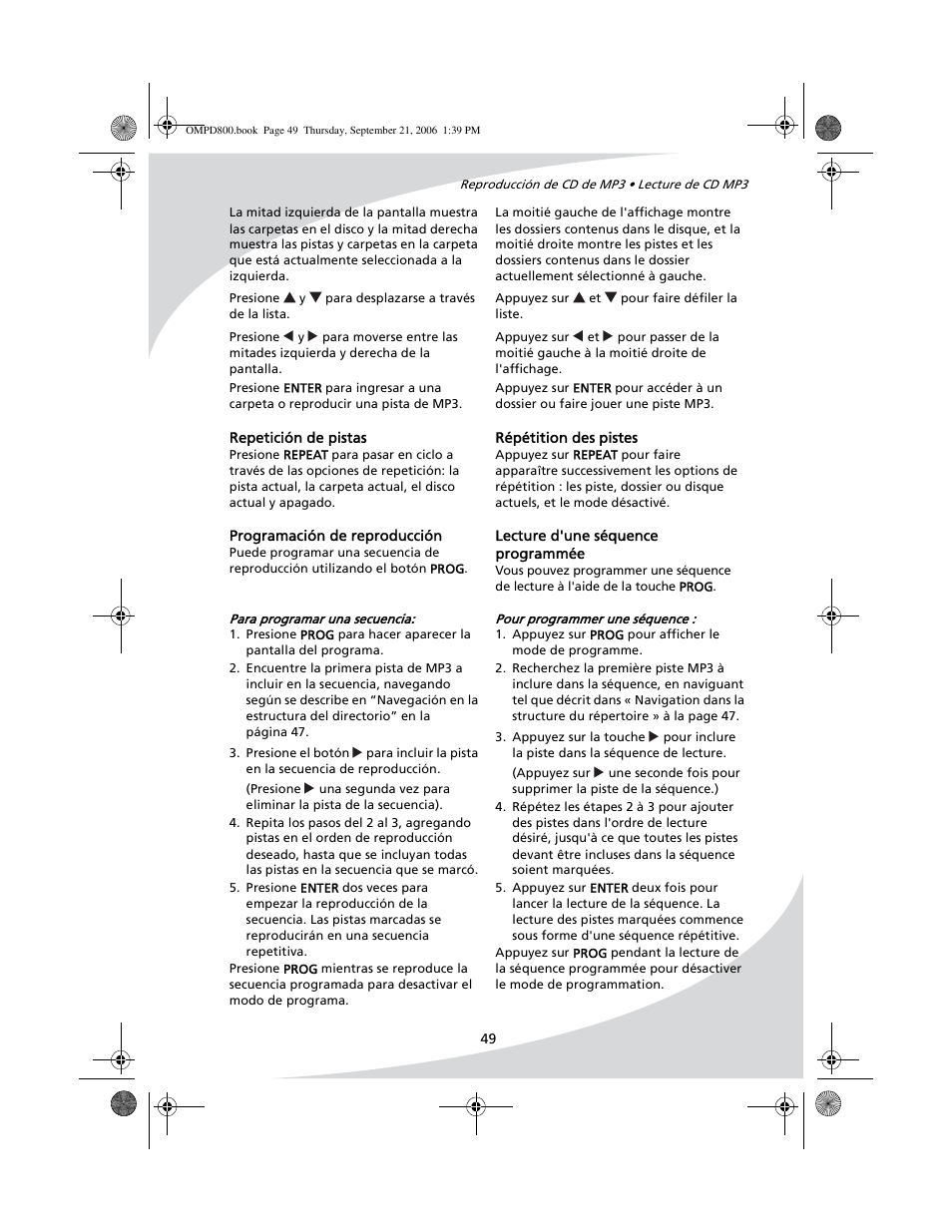 Repetición de pistas programación de reproducción | SpectronIQ PD-1100 User Manual | Page 61 / 92