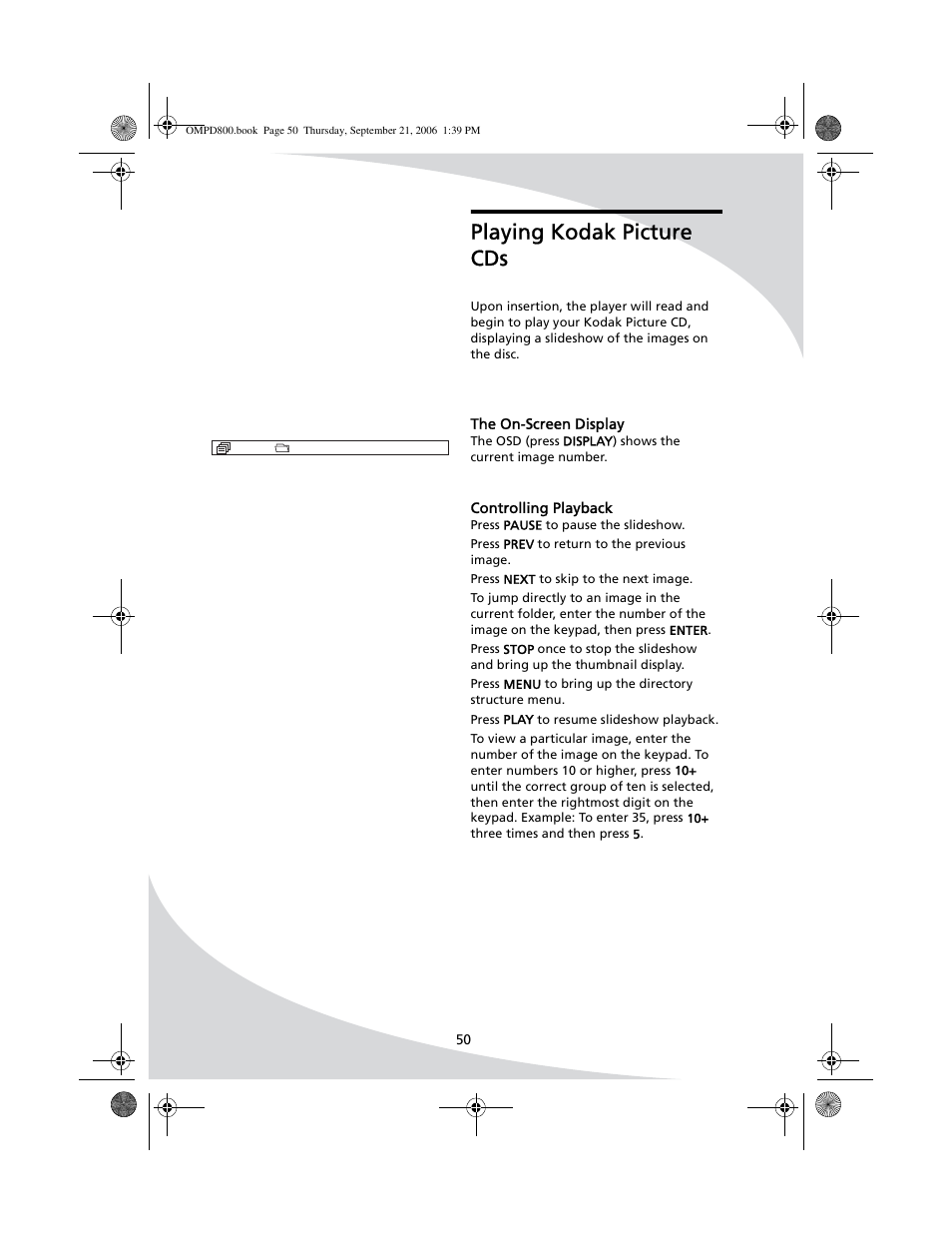 Playing kodak picture cds, The on-screen display controlling playback | SpectronIQ PD-1100 User Manual | Page 62 / 92