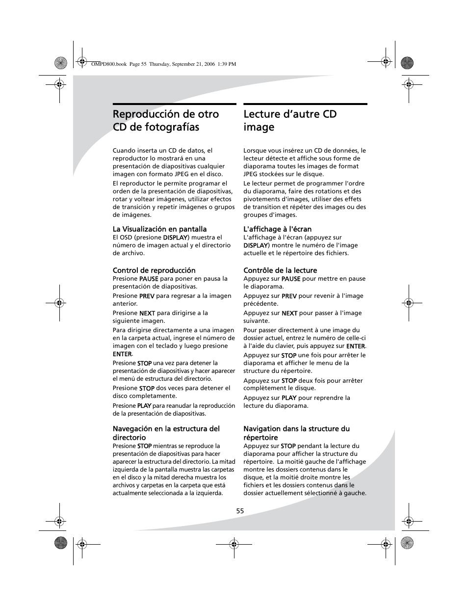 Lecture d’autre cd image, Reproducción de otro cd de fotografías | SpectronIQ PD-1100 User Manual | Page 67 / 92