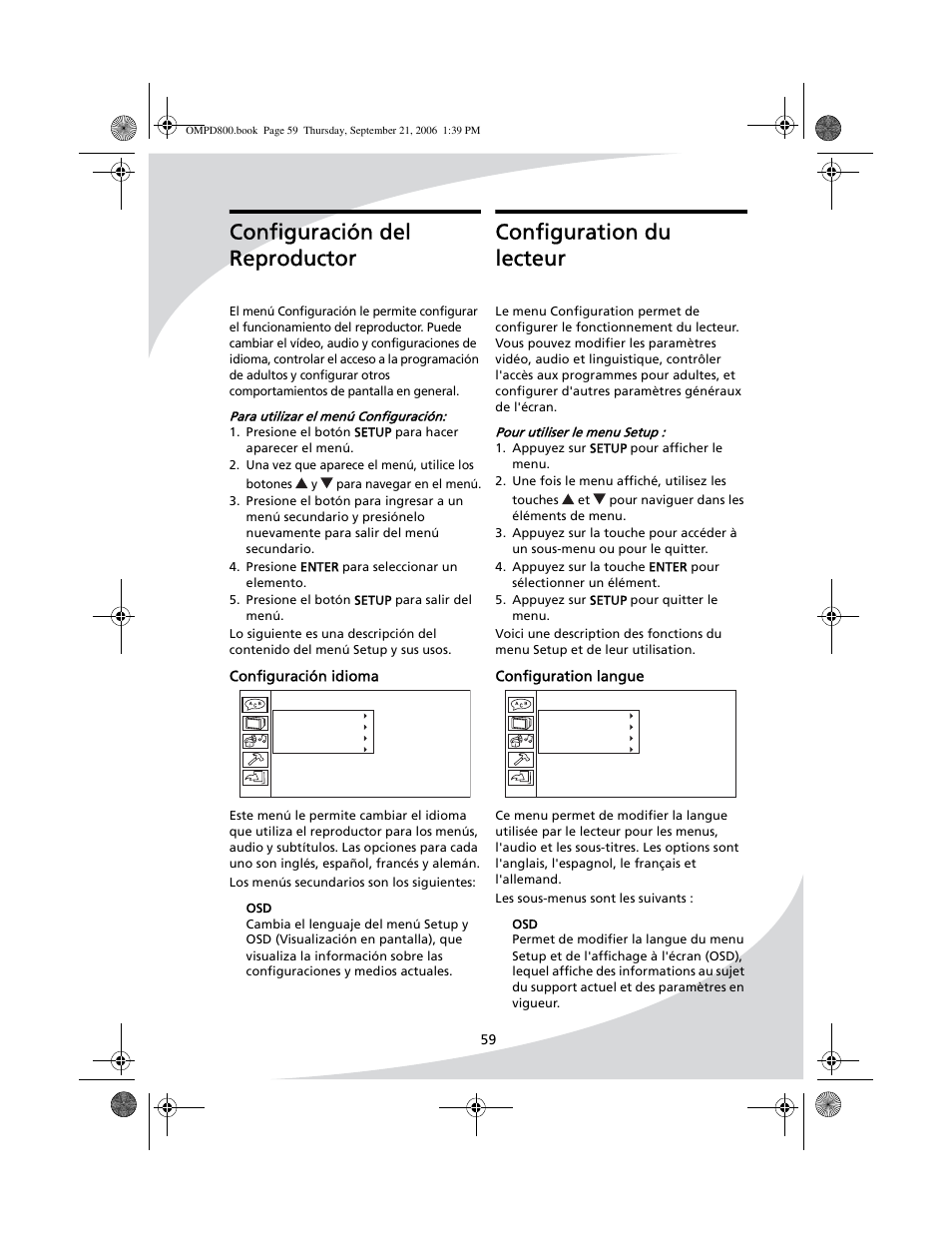 Configuration du lecteur, Configuration langue, Configuración del reproductor | Configuración idioma | SpectronIQ PD-1100 User Manual | Page 71 / 92
