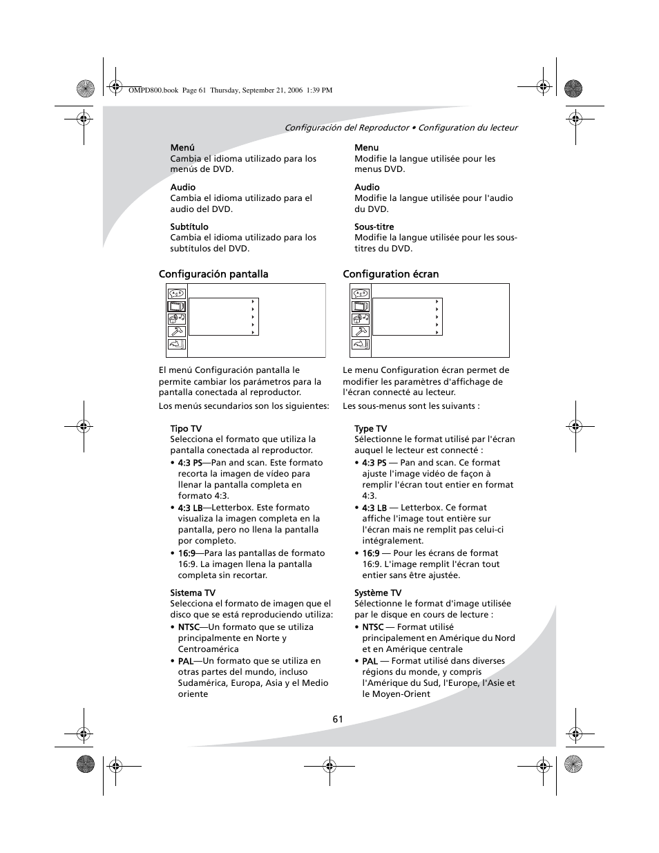 Configuration écran, Configuración pantalla | SpectronIQ PD-1100 User Manual | Page 73 / 92