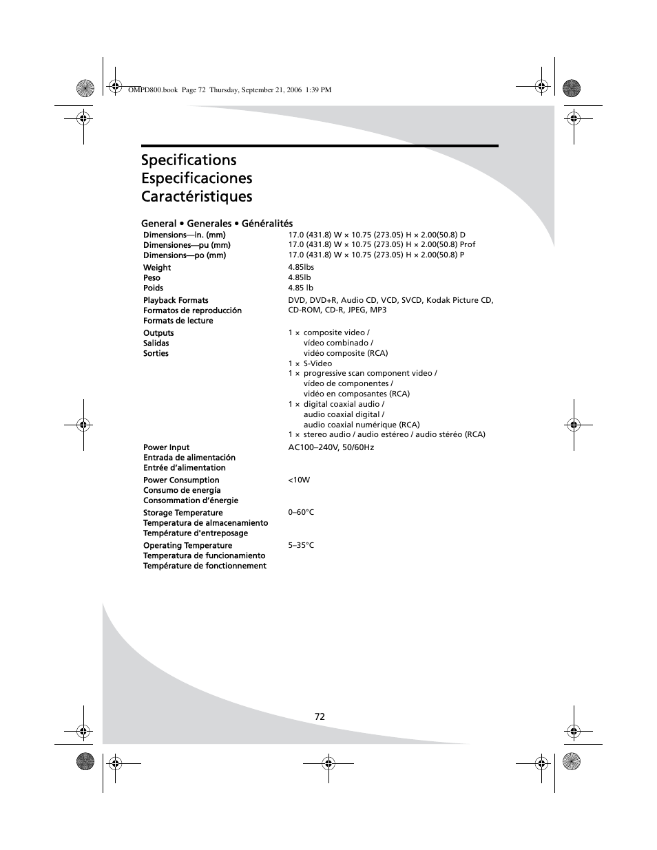 Specifications, General, Caractéristiques | Généralités, Especificaciones, Generales, Specifications especificaciones caractéristiques | SpectronIQ PD-1100 User Manual | Page 84 / 92
