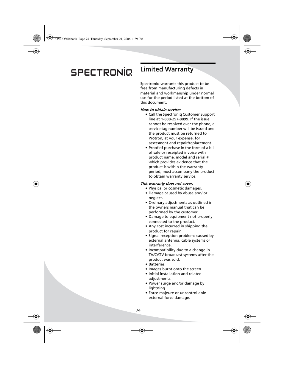 Limited warranty | SpectronIQ PD-1100 User Manual | Page 86 / 92