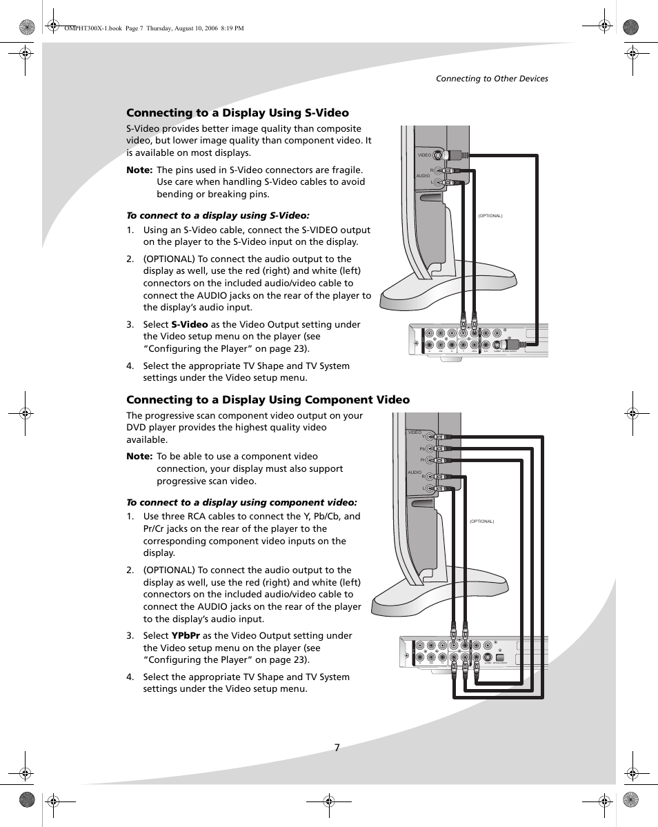Connecting to a display using s-video, Connecting to a display using component video, Connecting to other devices | SpectronIQ PHT-300X User Manual | Page 15 / 44