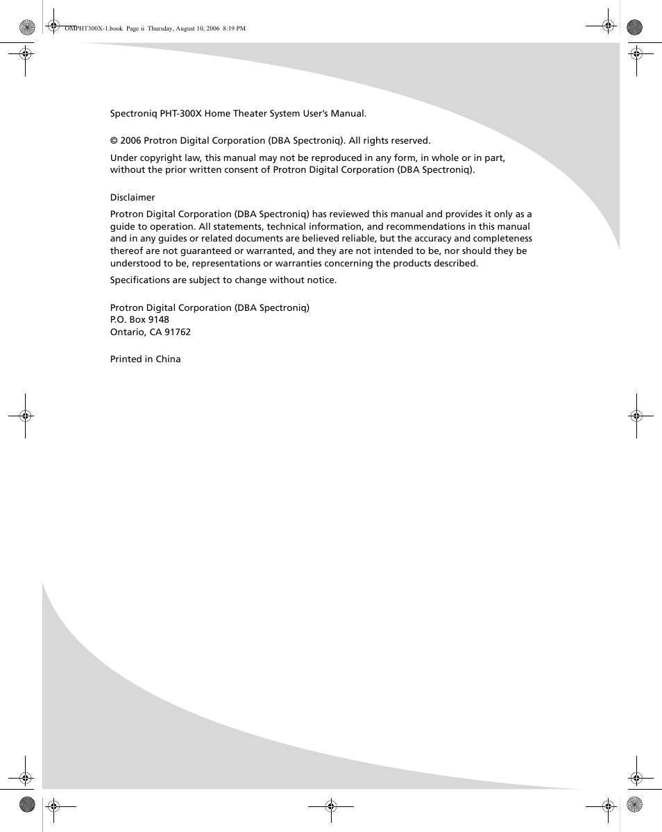SpectronIQ PHT-300X User Manual | Page 2 / 44