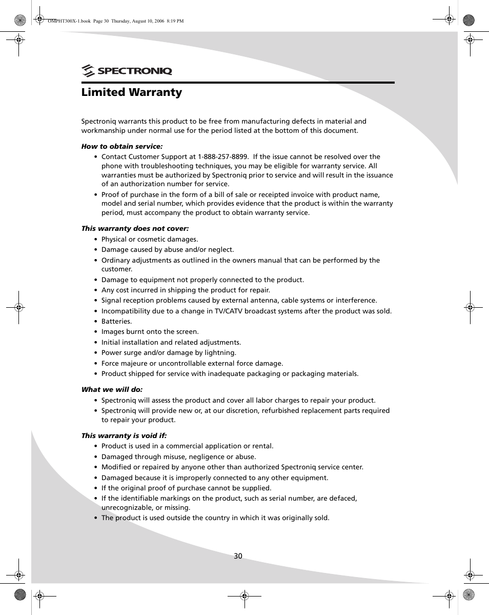 Limited warranty | SpectronIQ PHT-300X User Manual | Page 38 / 44