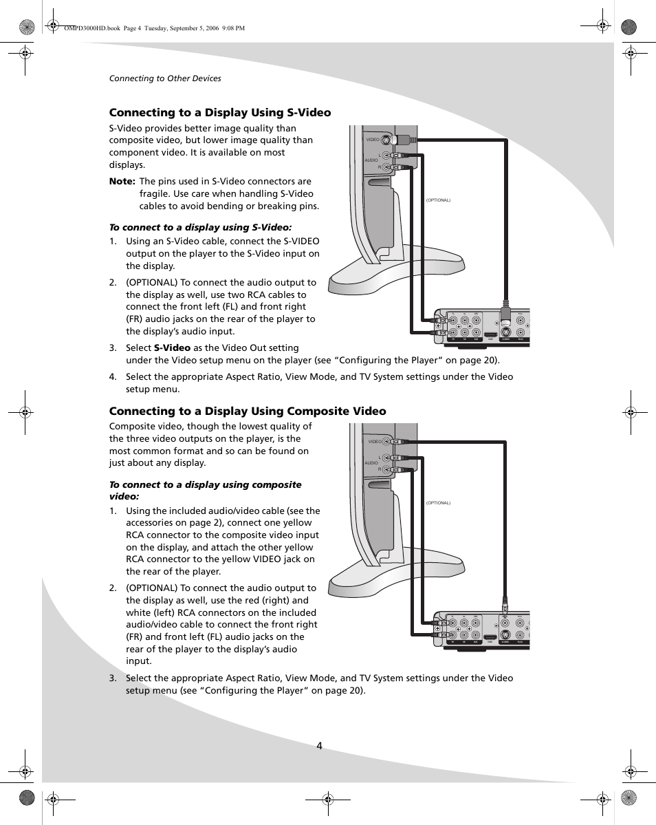 Connecting to a display using s-video, Connecting to a display using composite video, Connecting to other devices | SpectronIQ PD-3000HD User Manual | Page 12 / 40