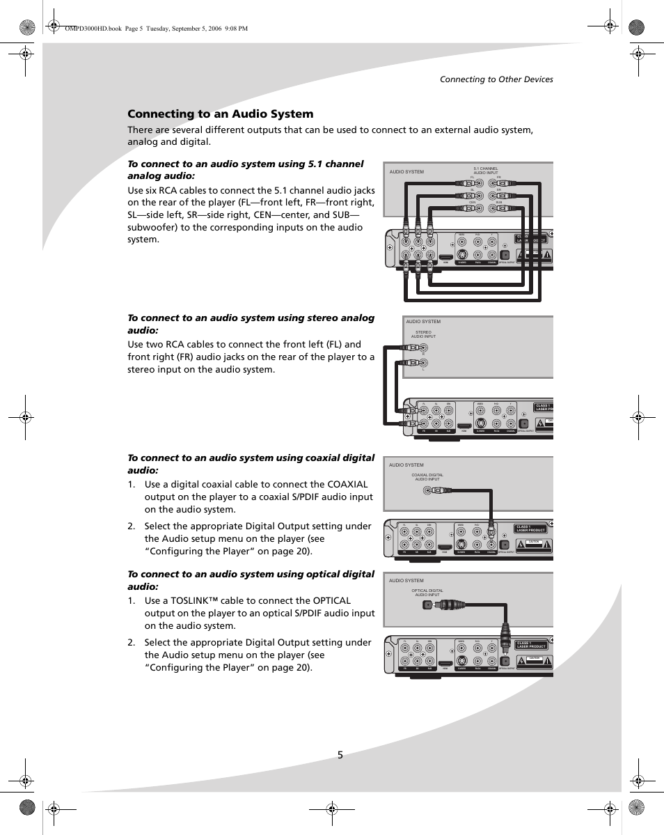 Connecting to an audio system, Connecting to other devices | SpectronIQ PD-3000HD User Manual | Page 13 / 40