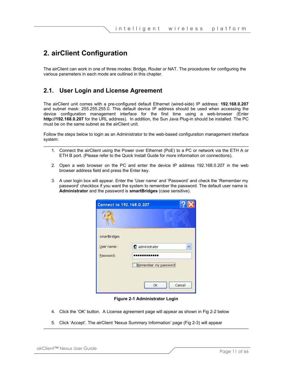 Airclient configuration, User login and license agreement | SmartBridges sB3410 User Manual | Page 11 / 66