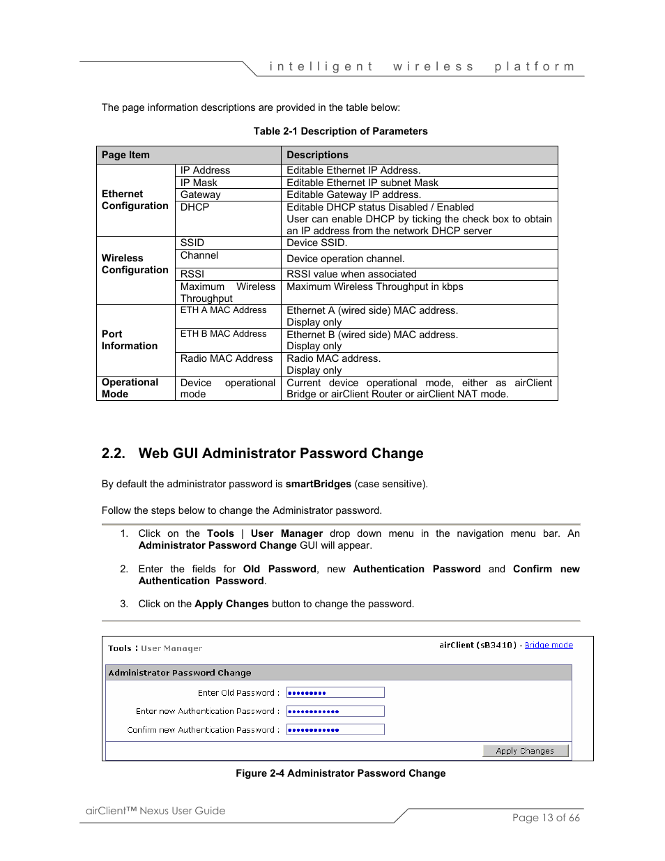 Web gui administrator password change | SmartBridges sB3410 User Manual | Page 13 / 66