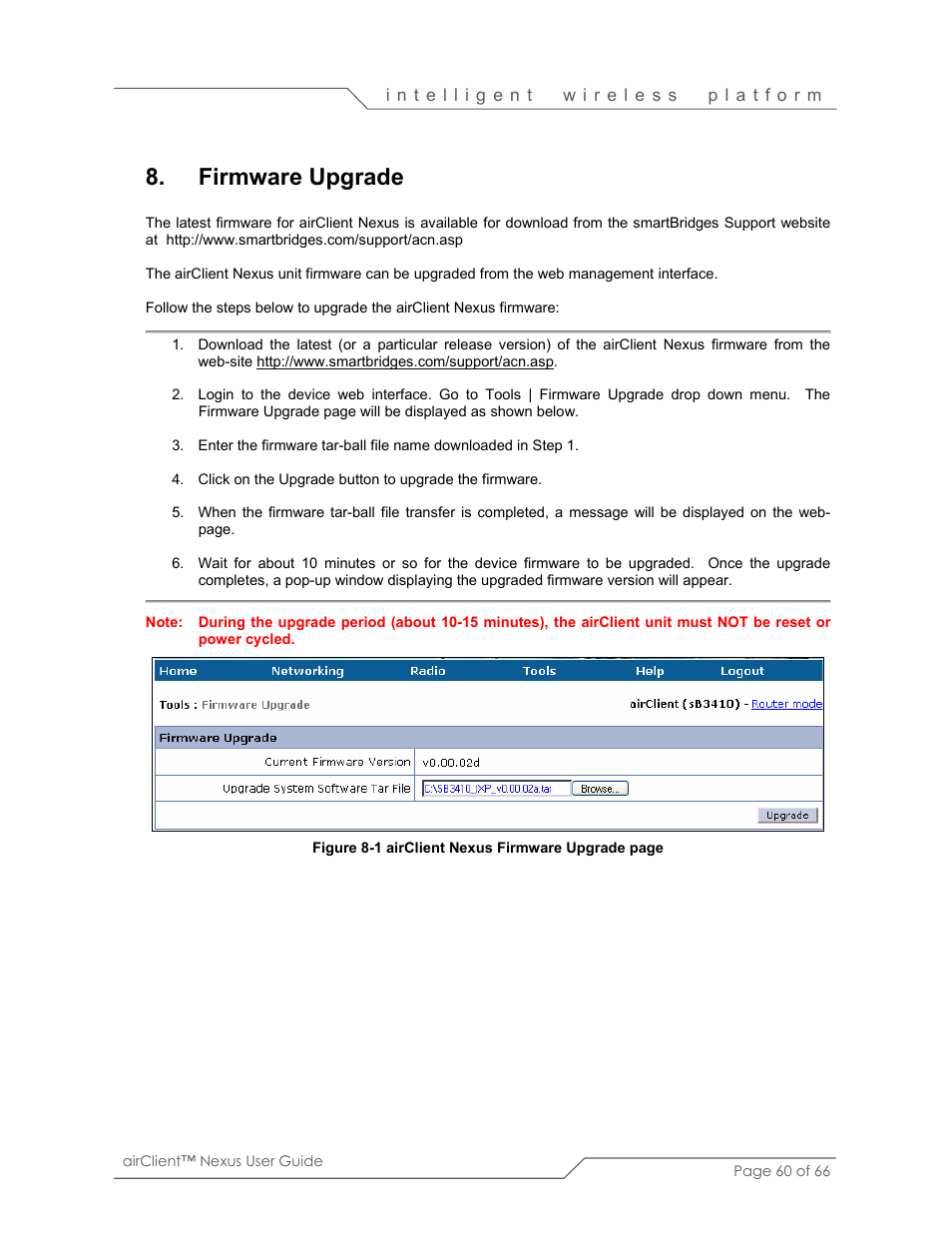 Firmware upgrade | SmartBridges sB3410 User Manual | Page 60 / 66