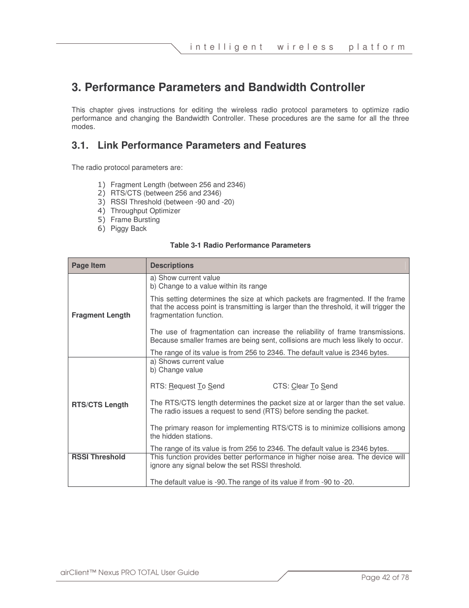 Performance parameters and bandwidth controller, Link performance parameters and features | SmartBridges sB3412 User Manual | Page 42 / 78