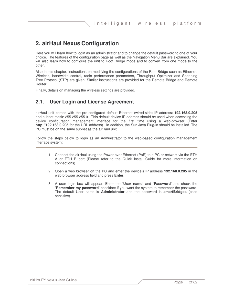 Airhaul nexus, Configuration, User login and license agreement | SmartBridges sB3010 User Manual | Page 11 / 82