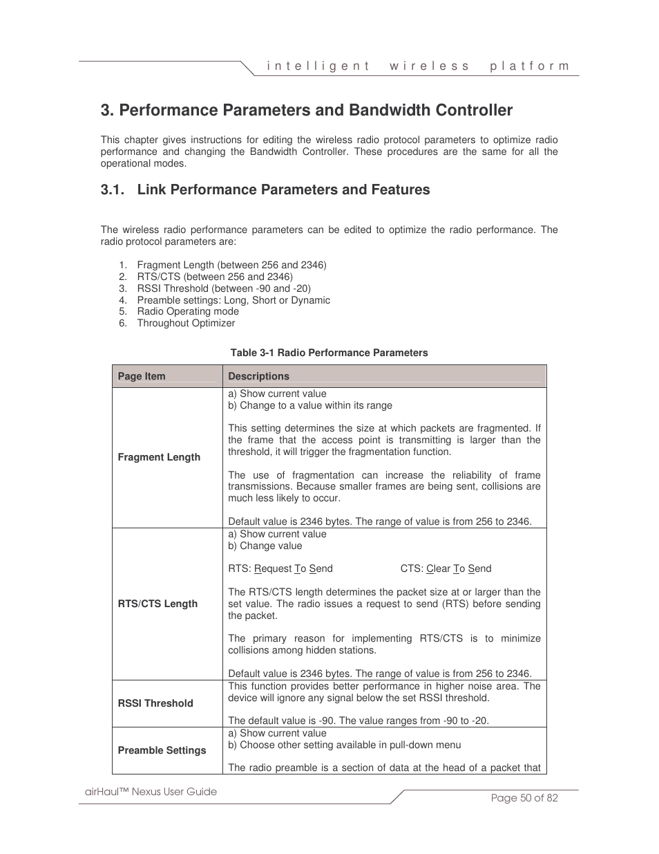 Performance parameters and bandwidth controller, Link performance parameters and features | SmartBridges sB3010 User Manual | Page 50 / 82
