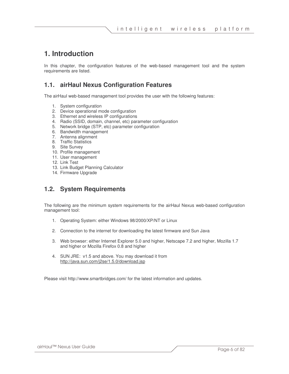 Introduction, Airhaul nexus configuration features, System requirements | SmartBridges sB3010 User Manual | Page 6 / 82