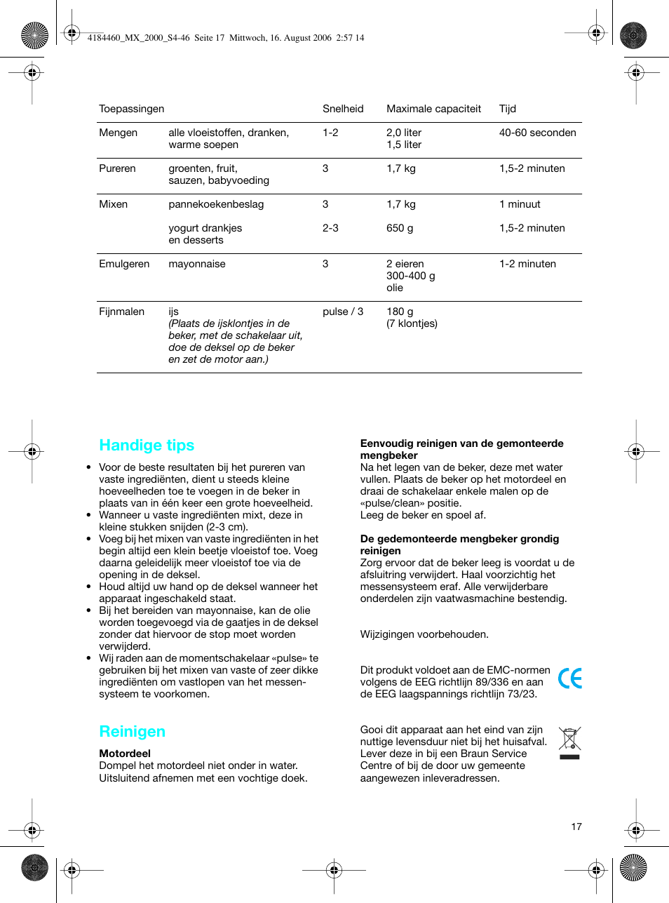 Handige tips, Reinigen | Braun MX 2000 User Manual | Page 17 / 44