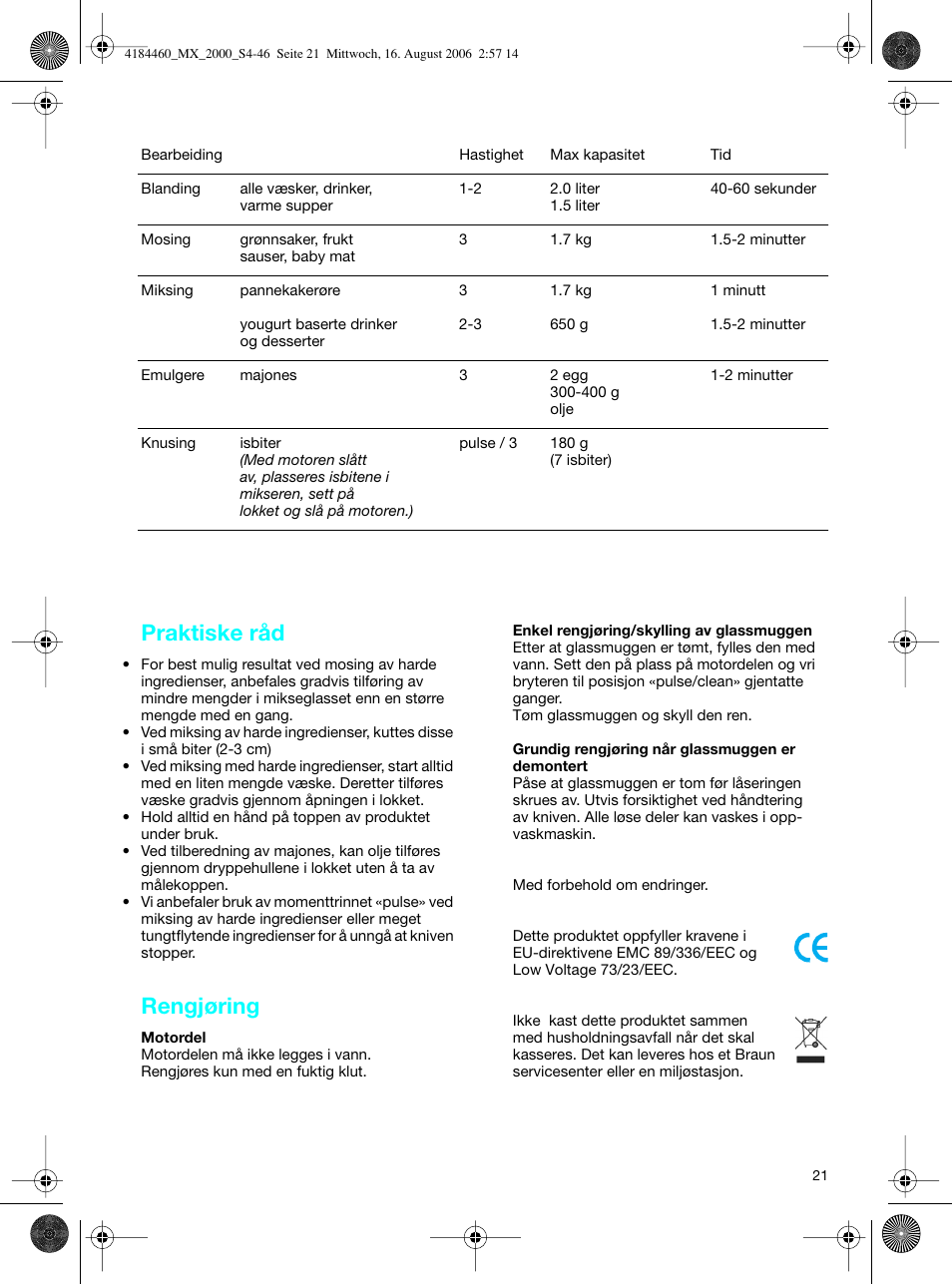 Praktiske råd, Rengjøring | Braun MX 2000 User Manual | Page 21 / 44