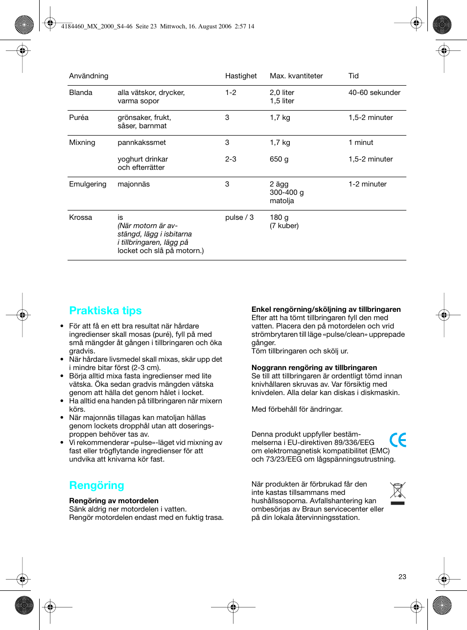 Praktiska tips, Rengöring | Braun MX 2000 User Manual | Page 23 / 44