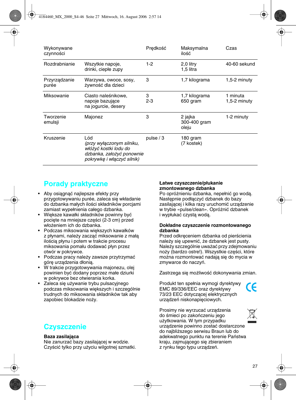 Porady praktyczne, Czyszczenie | Braun MX 2000 User Manual | Page 27 / 44