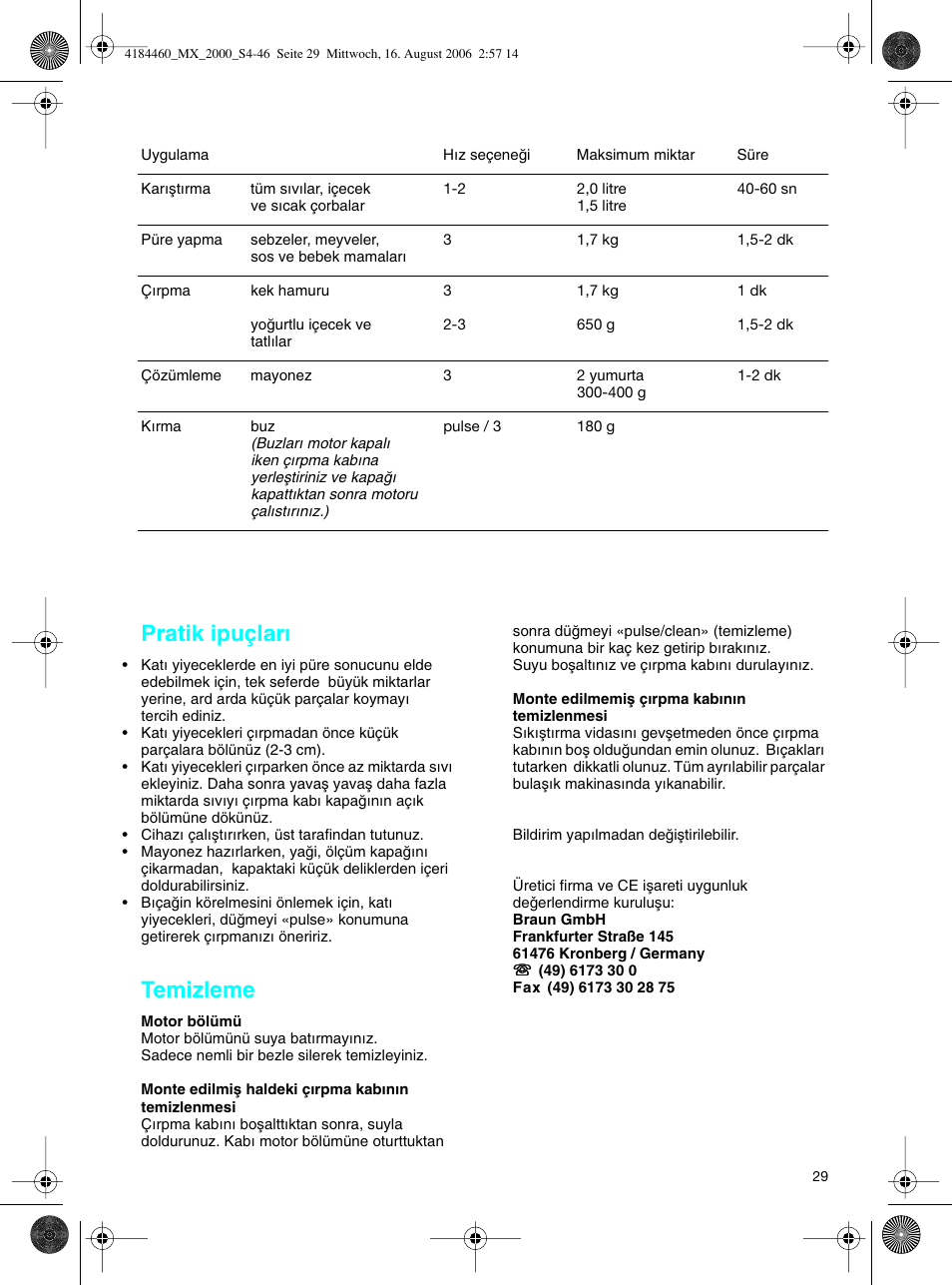 Pratik ipuçları, Temizleme | Braun MX 2000 User Manual | Page 29 / 44