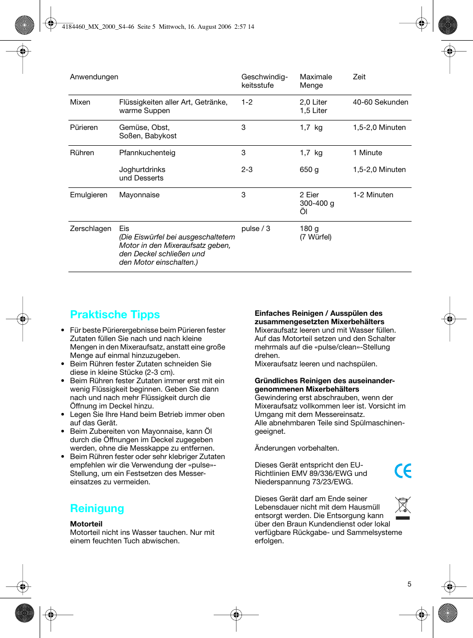 Praktische tipps, Reinigung | Braun MX 2000 User Manual | Page 5 / 44