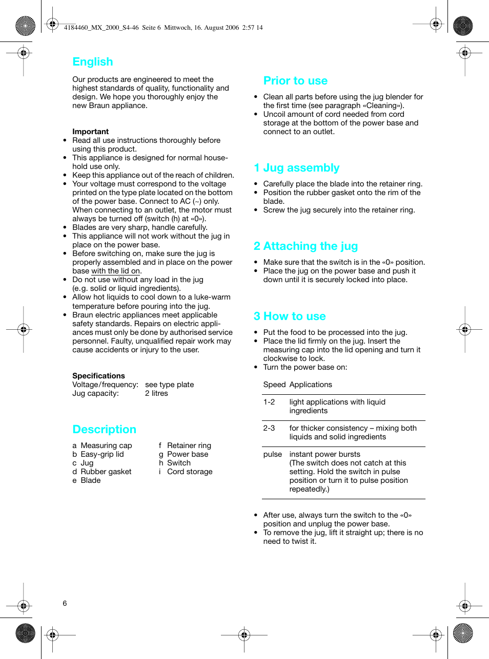Description, Prior to use, 1 jug assembly | 2 attaching the jug, 3 how to use, English | Braun MX 2000 User Manual | Page 6 / 44