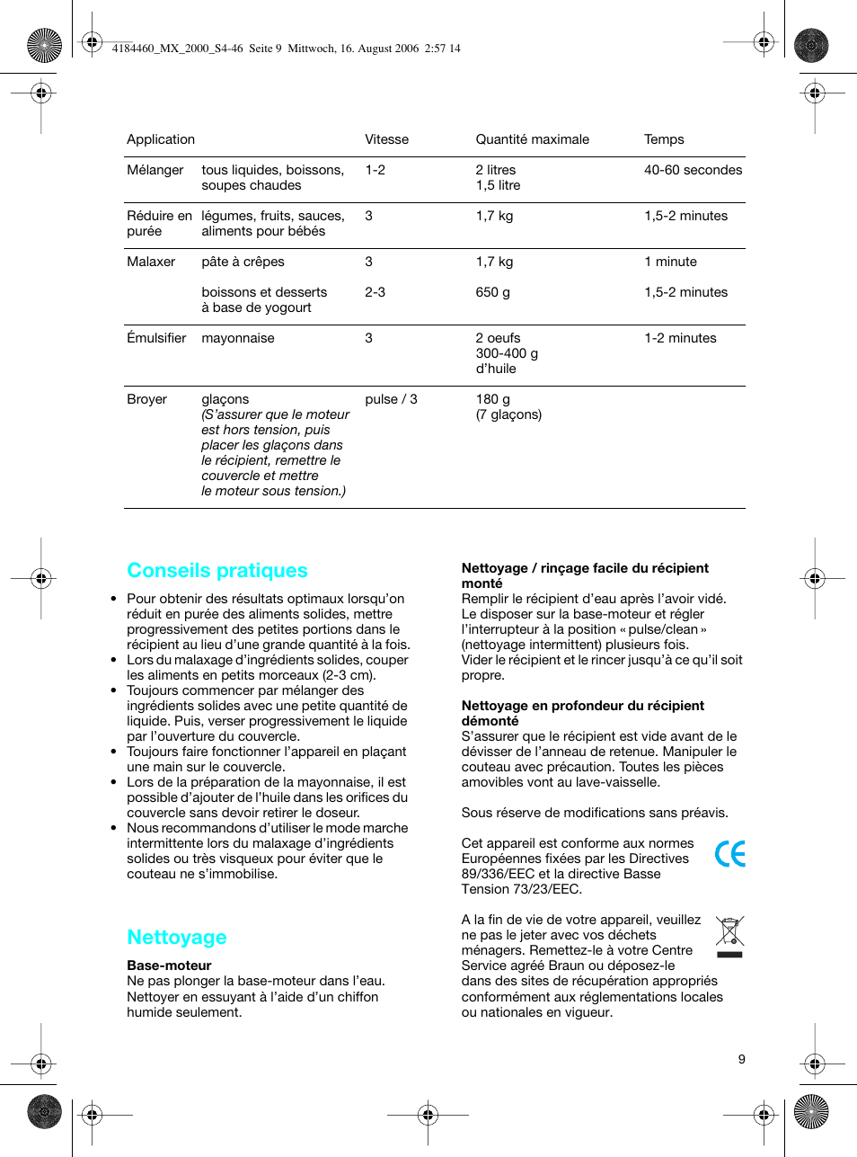 Conseils pratiques, Nettoyage | Braun MX 2000 User Manual | Page 9 / 44