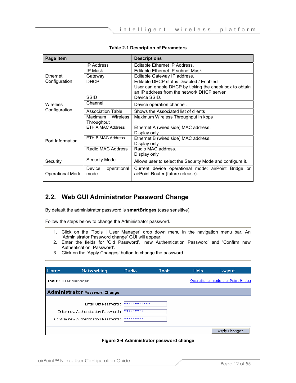 Web gui administrator password change | SmartBridges sB3210 User Manual | Page 12 / 55