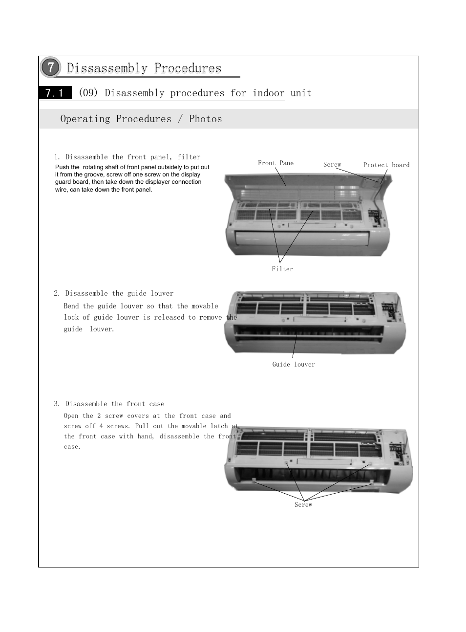 Dissassembly procedures, 09) disassembly procedures for indoor unit, Operating procedures / photos | Sinclair KING ASH-09AK User Manual | Page 18 / 49