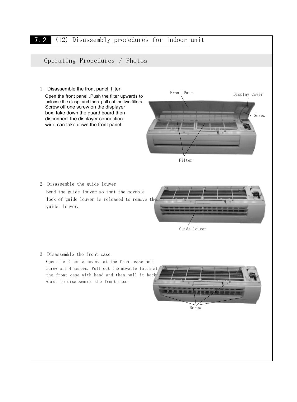 12) disassembly procedures for indoor unit, Operating procedures / photos | Sinclair KING ASH-09AK User Manual | Page 21 / 49