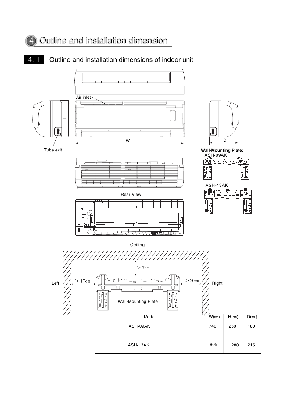 Outline and installation dimensions of indoor unit | Sinclair KING ASH-09AK User Manual | Page 7 / 49