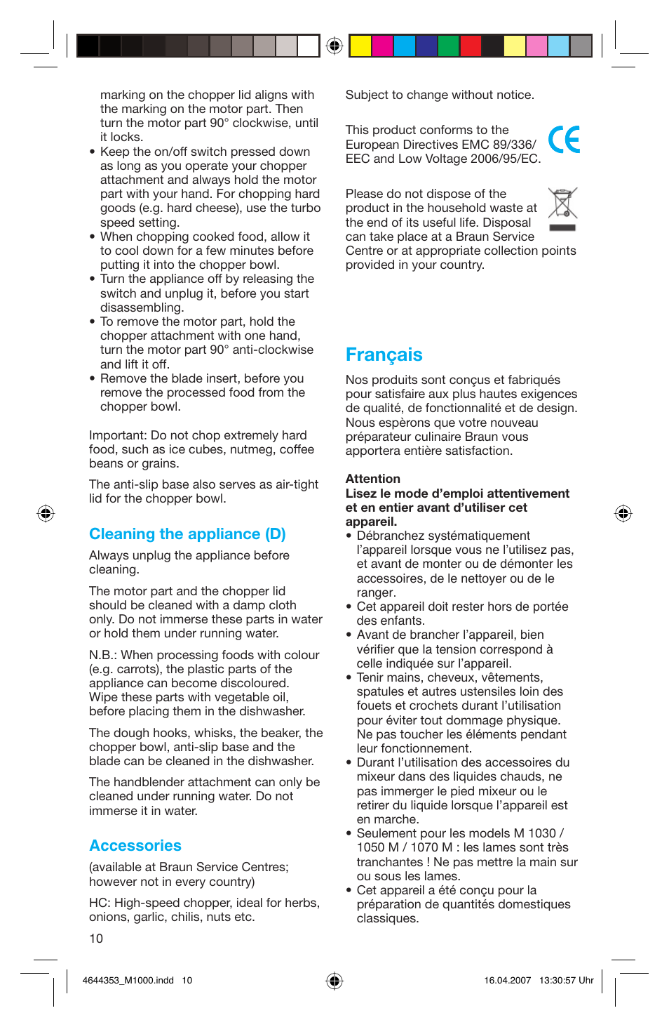 Français, Cleaning the appliance (d), Accessories | Braun Multiquick M 1070 M User Manual | Page 10 / 70