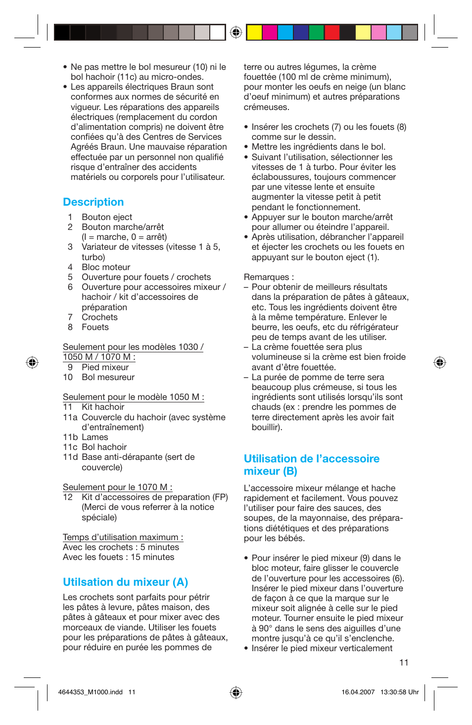 Description, Utilsation du mixeur (a), Utilisation de l’accessoire mixeur (b) | Braun Multiquick M 1070 M User Manual | Page 11 / 70