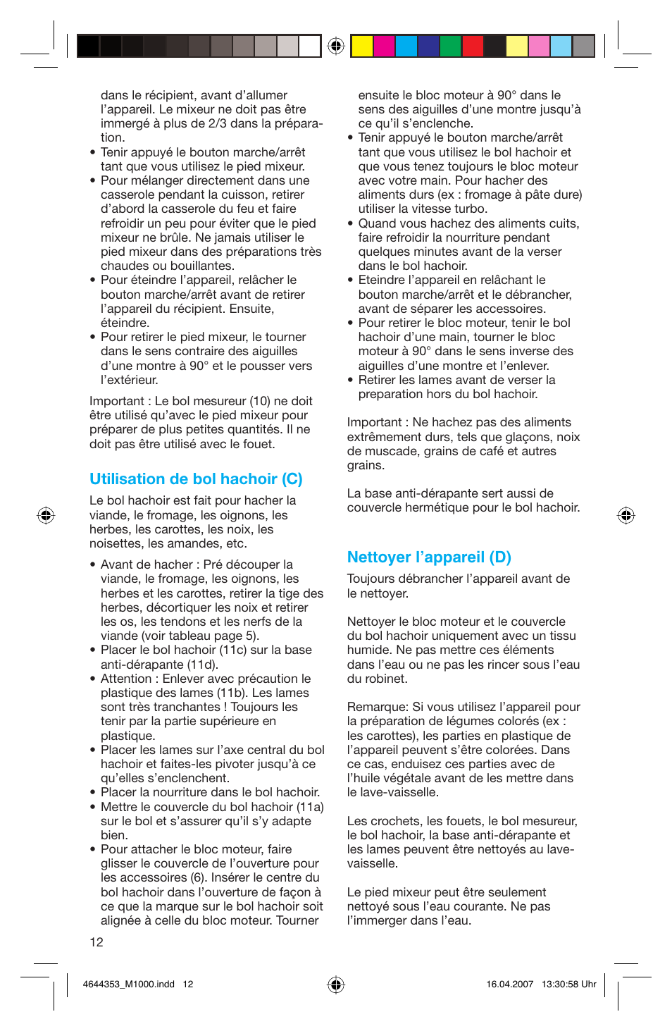 Utilisation de bol hachoir (c), Nettoyer l’appareil (d) | Braun Multiquick M 1070 M User Manual | Page 12 / 70