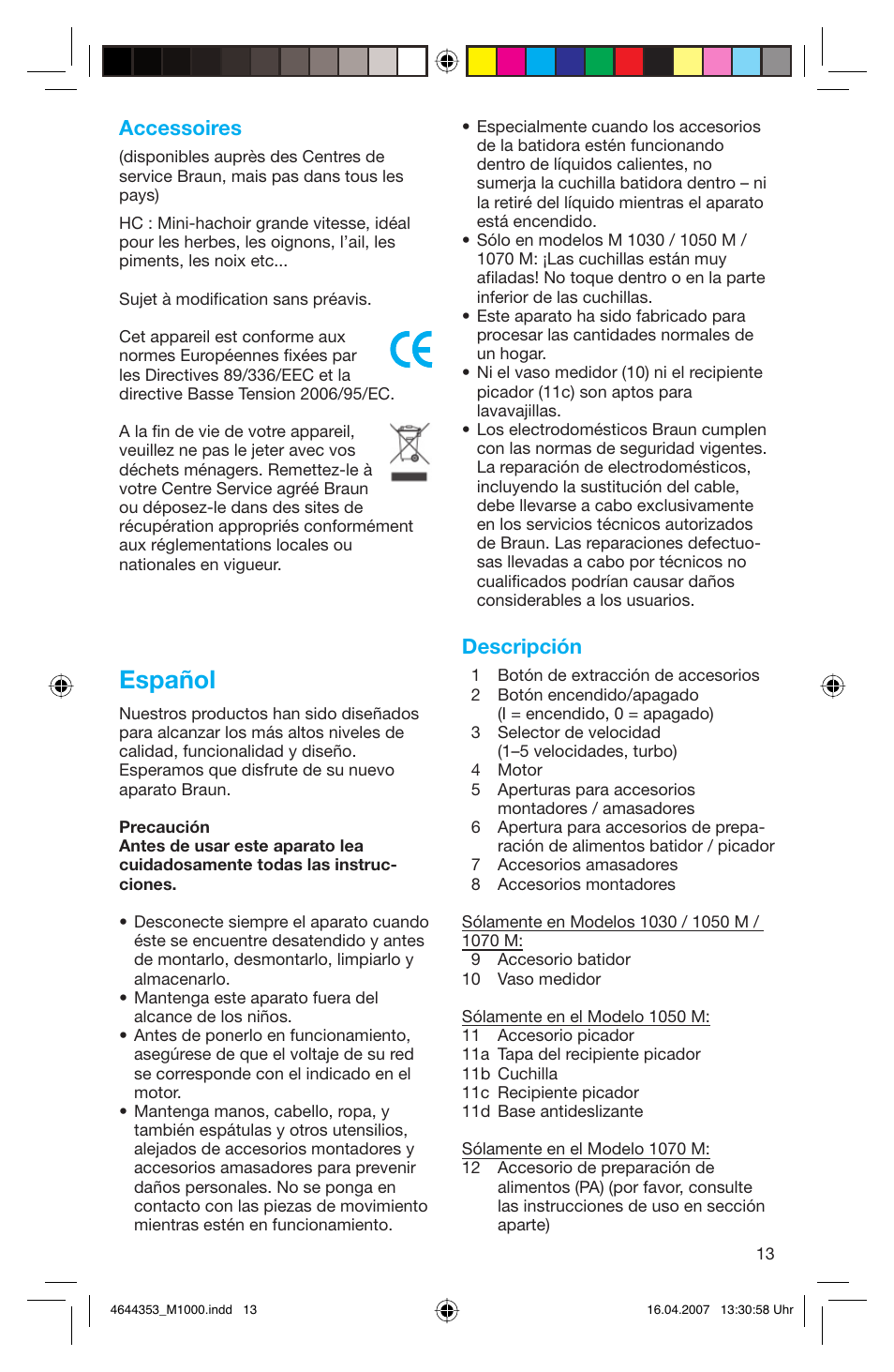 Español, Accessoires, Descripción | Braun Multiquick M 1070 M User Manual | Page 13 / 70