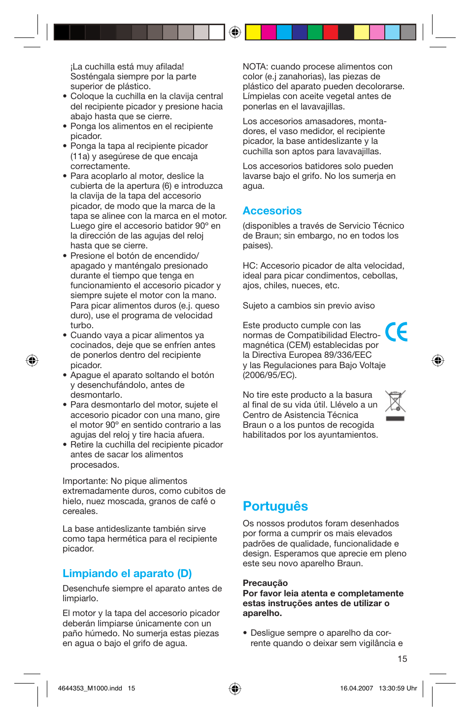 Português, Limpiando el aparato (d), Accesorios | Braun Multiquick M 1070 M User Manual | Page 15 / 70