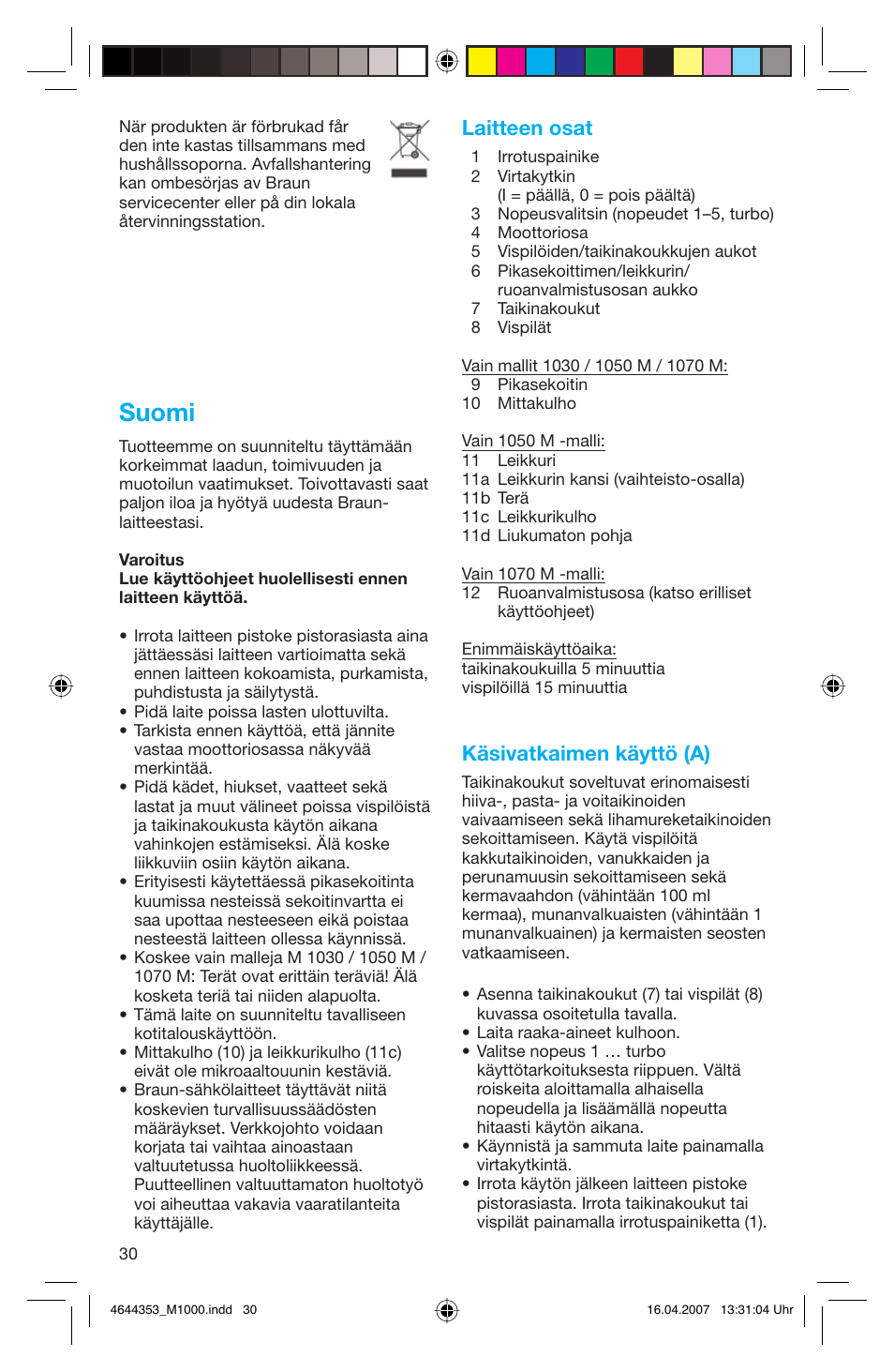 Suomi, Laitteen osat, Käsivatkaimen käyttö (a) | Braun Multiquick M 1070 M User Manual | Page 30 / 70