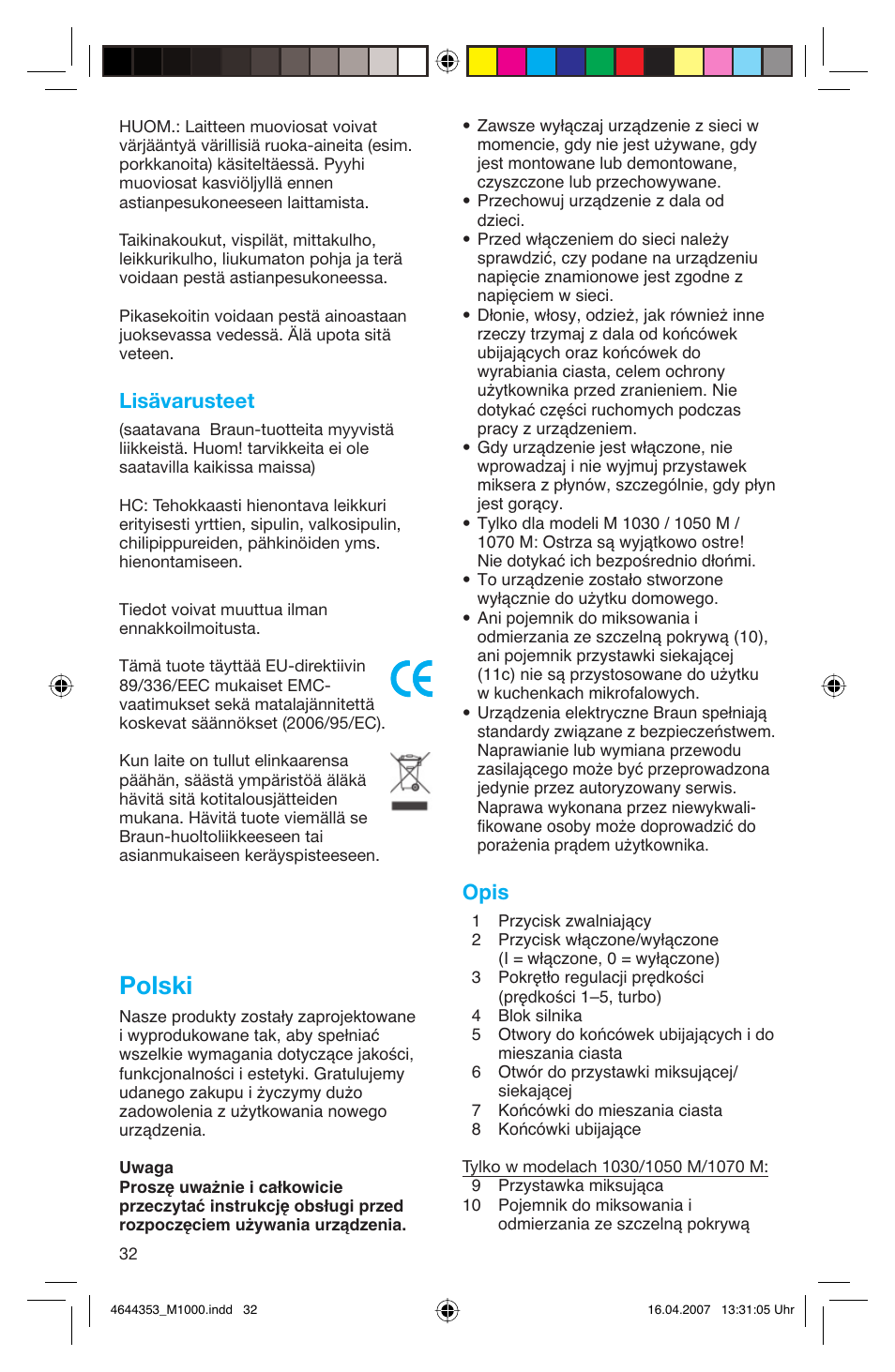 Polski, Lisävarusteet, Opis | Braun Multiquick M 1070 M User Manual | Page 32 / 70