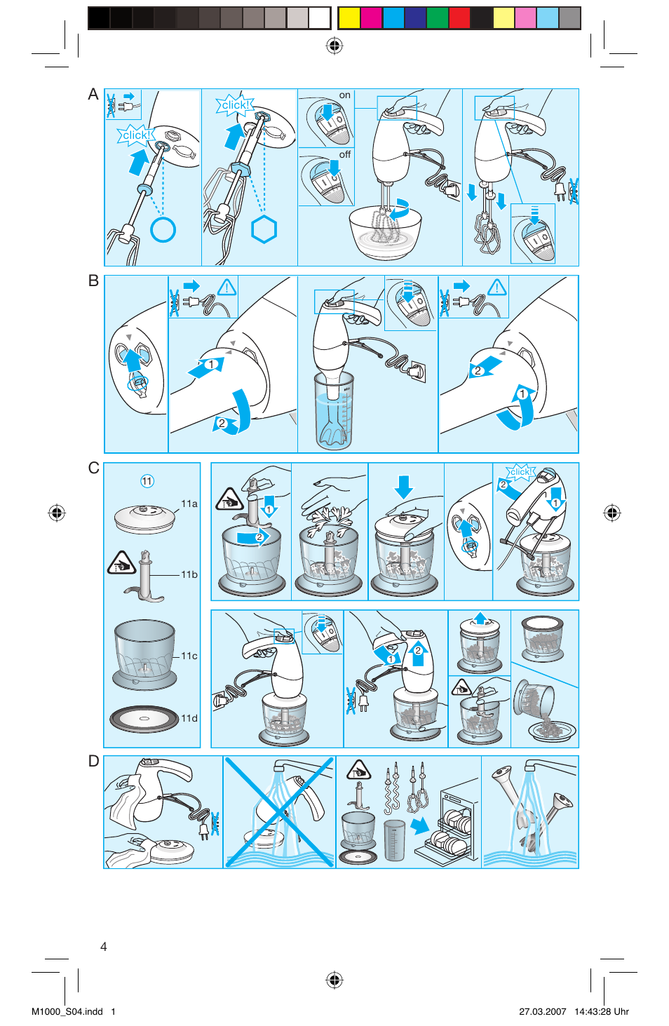 Ab c d, Click, Off on | Braun Multiquick M 1070 M User Manual | Page 4 / 70