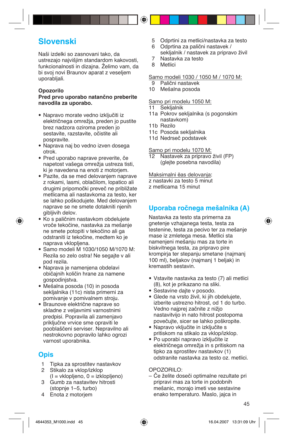 Slovenski, Opis, Uporaba ročnega mešalnika (a) | Braun Multiquick M 1070 M User Manual | Page 45 / 70