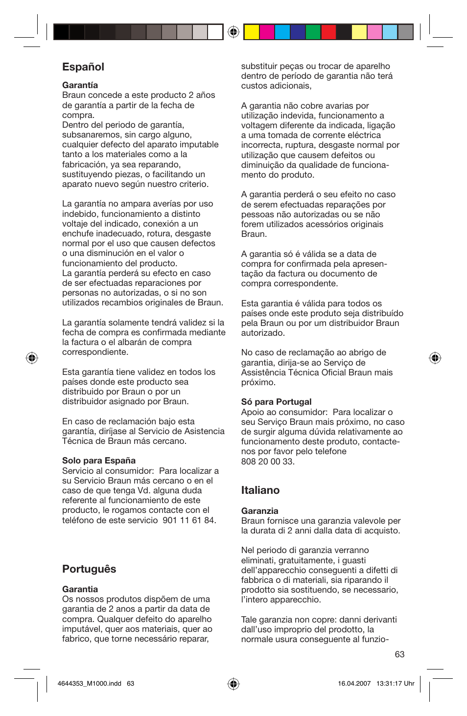 Español, Português, Italiano | Braun Multiquick M 1070 M User Manual | Page 63 / 70