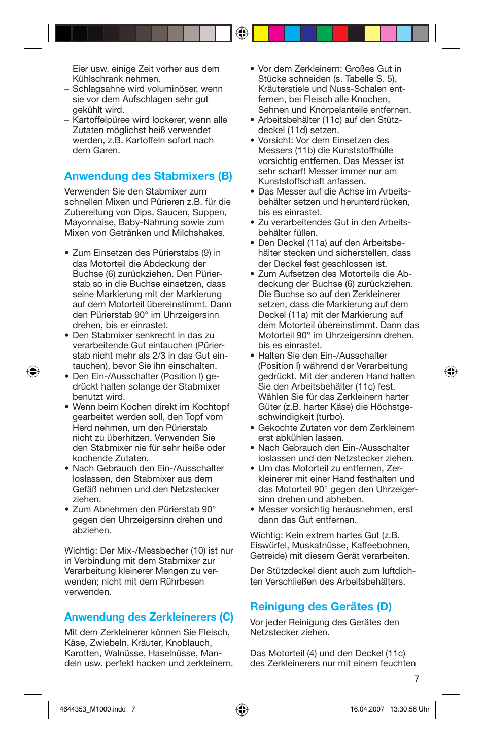 Anwendung des stabmixers (b), Anwendung des zerkleinerers (c), Reinigung des gerätes (d) | Braun Multiquick M 1070 M User Manual | Page 7 / 70