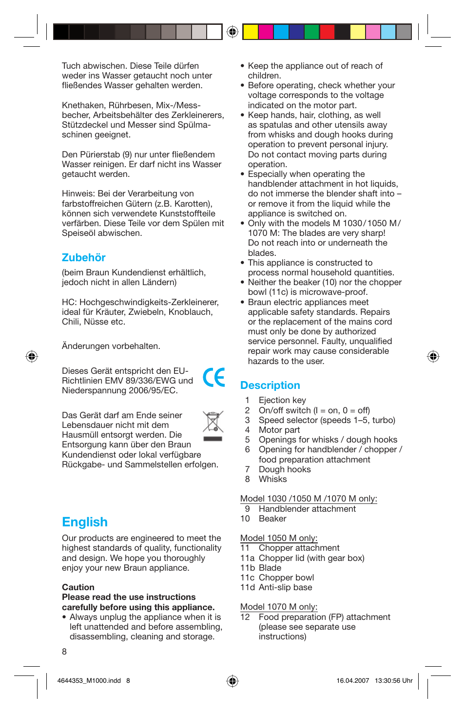 English, Zubehör, Description | Braun Multiquick M 1070 M User Manual | Page 8 / 70