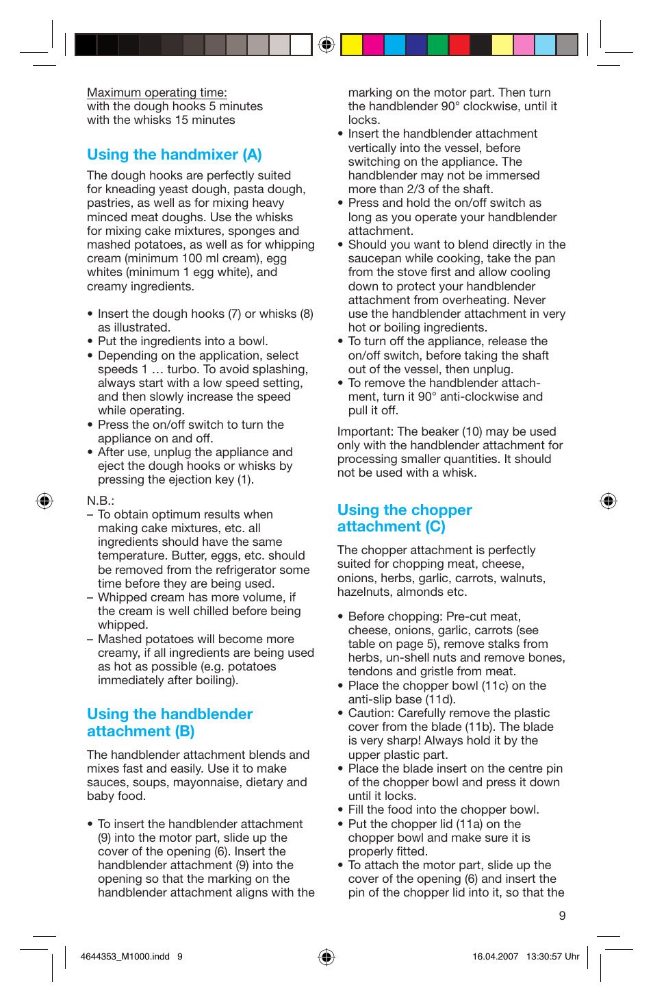 Using the handmixer (a), Using the handblender attachment (b), Using the chopper attachment (c) | Braun Multiquick M 1070 M User Manual | Page 9 / 70