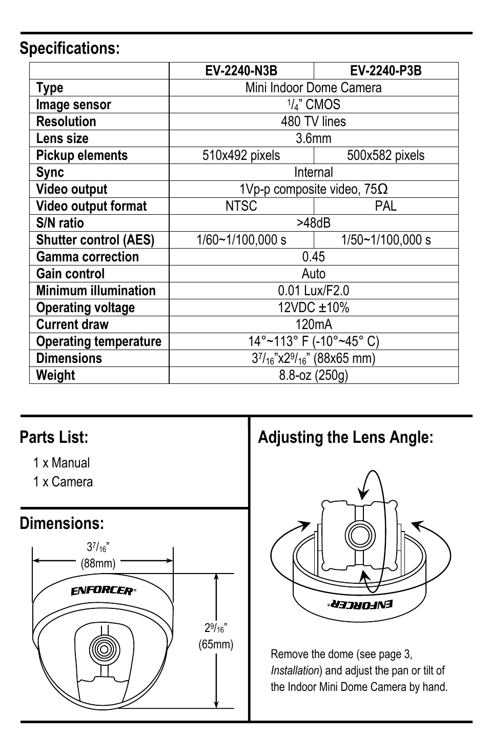 Dimensions: parts list: specifications, Adjusting the lens angle | SECO-LARM USA Enforcer EV-2240-P3B User Manual | Page 2 / 4