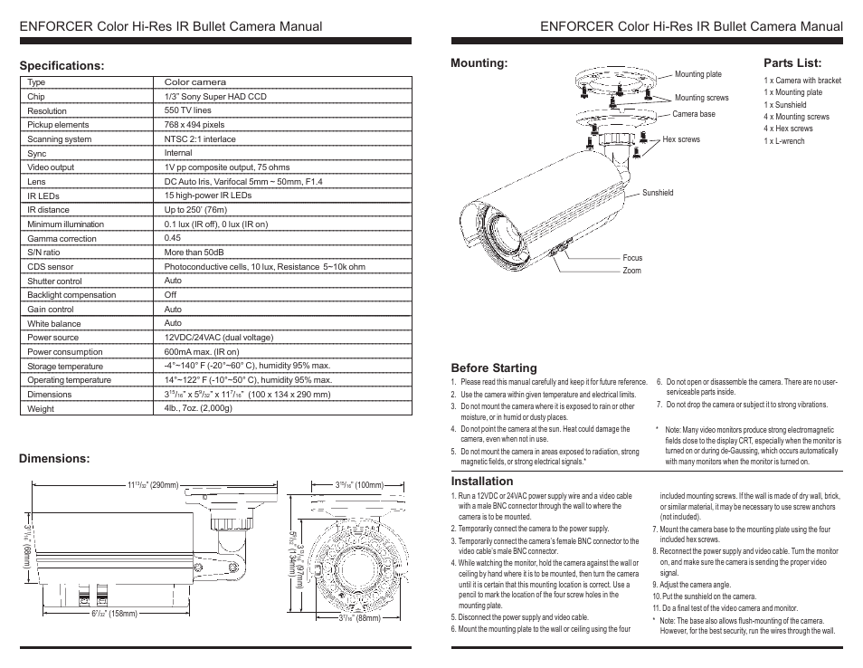 Dimensions: parts list, Before starting, Specifications | Installation, Mounting | SECO-LARM USA EV-133C-DWBWQ User Manual | Page 2 / 2