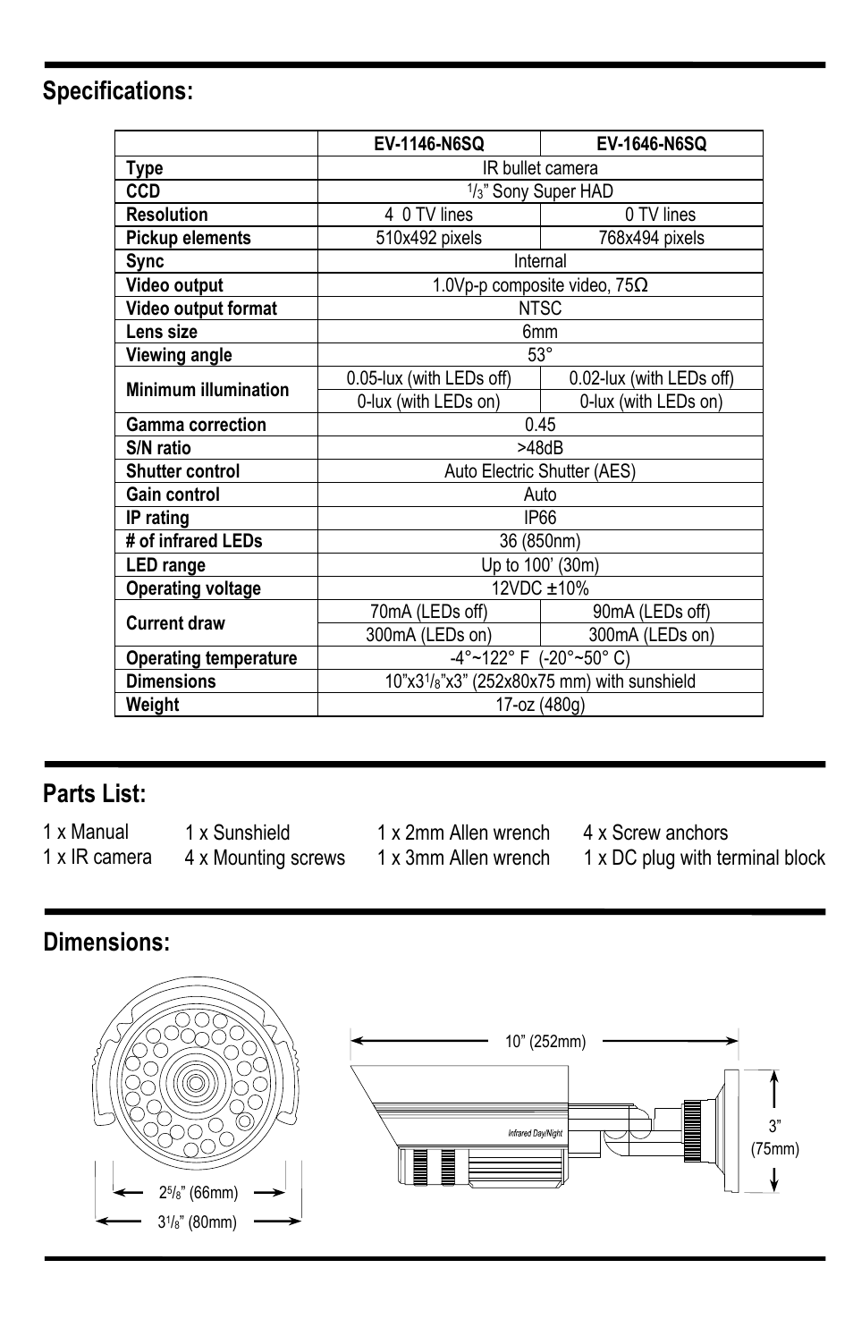 Dimensions: parts list, Specifications | SECO-LARM USA IR LED Day/Night Bullet Camera EV-1646-N6SQ User Manual | Page 2 / 4