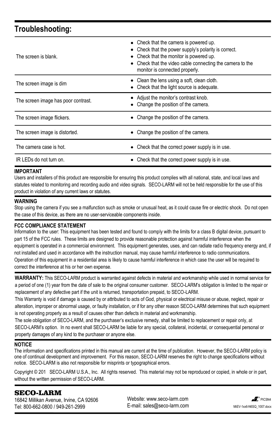 Troubleshooting | SECO-LARM USA IR LED Day/Night Bullet Camera EV-1646-N6SQ User Manual | Page 4 / 4